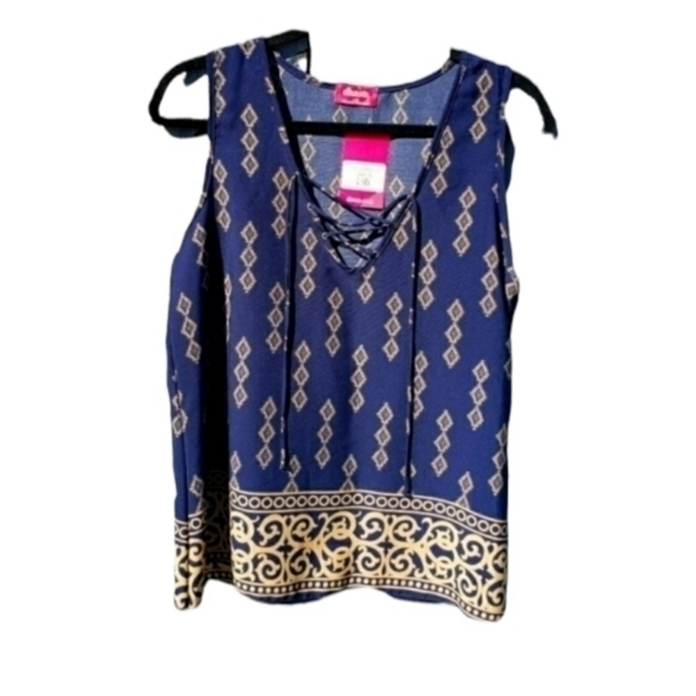 Sasha Blue and‎ Gold Tank Blouse Top Large NWT